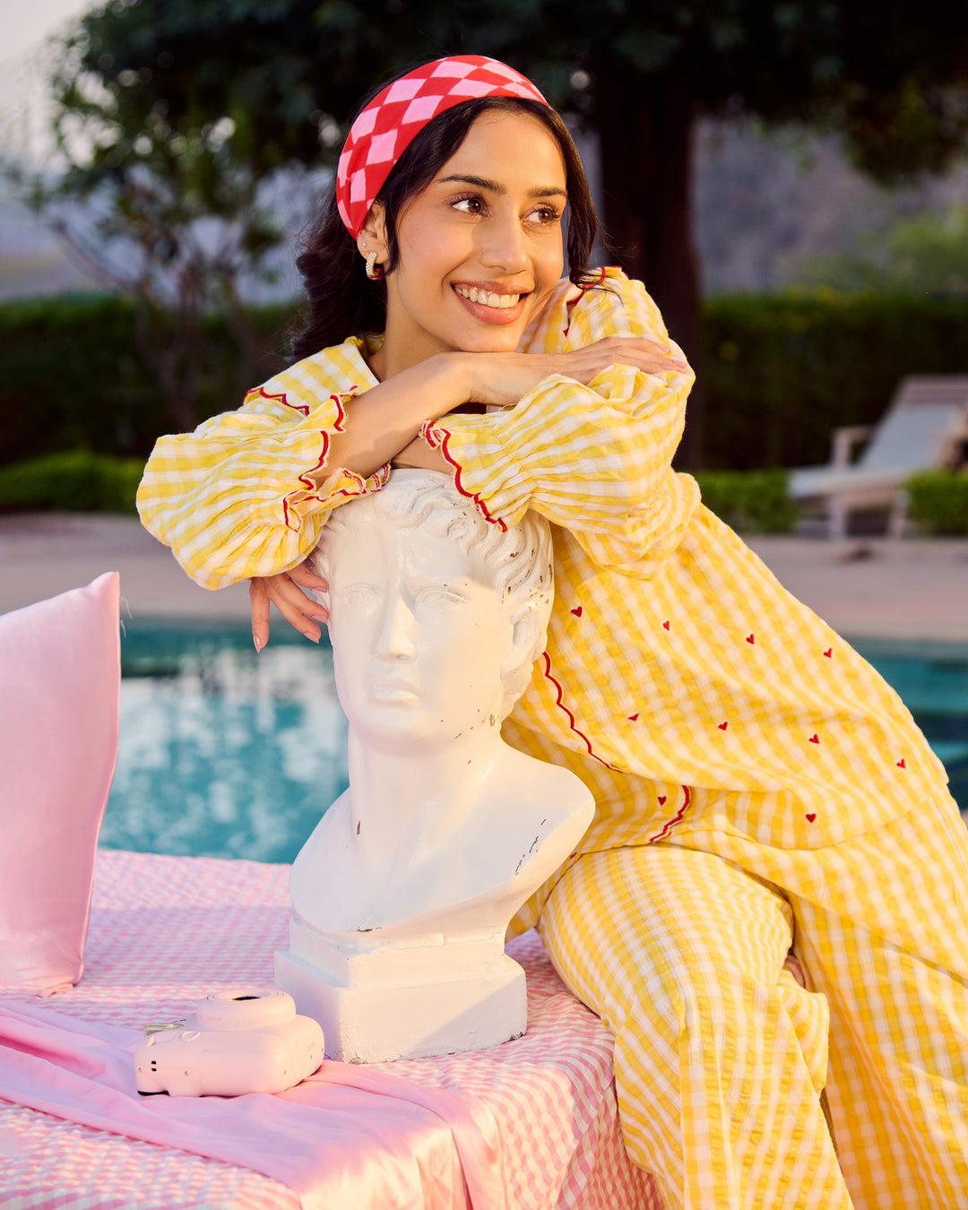 Bianca Yellow Embroidered Cotton Checks Loungewear