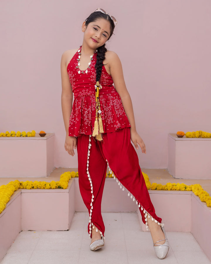 Mrunal Red Bandhani Satin Coord Set