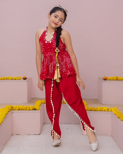 Mrunal Red Bandhani Satin Coord Set
