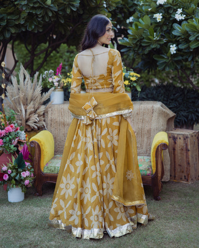 Tulsi Mustard Bandhani Satin Lehenga Set