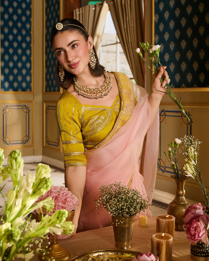 Eira Neon Embroidered Satin Aangi Blouse And Saree