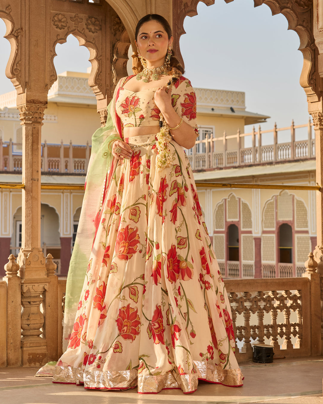Fiza Cream Printed Viscose Organza Lehenga Set