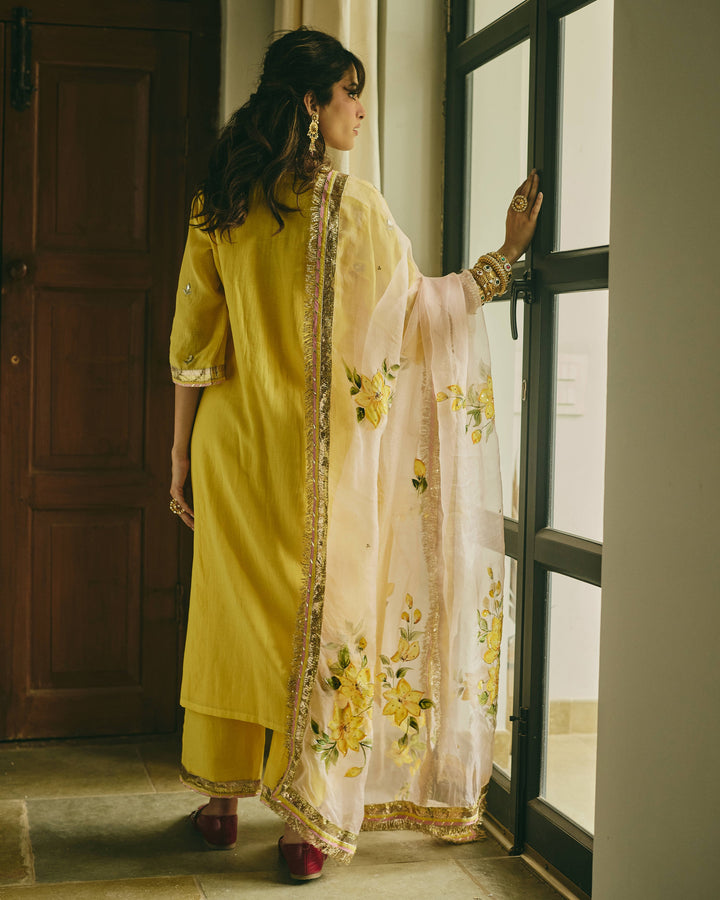 Chitriya Yellow Handpainted Chanderi Suit Set