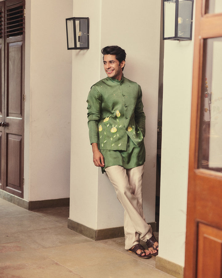 Aadvik Olive Handpainted Silk Jacket And Kurta Set