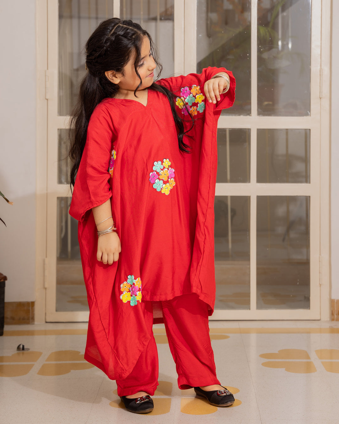 Adora Red Handpainted Muslin Coord Set