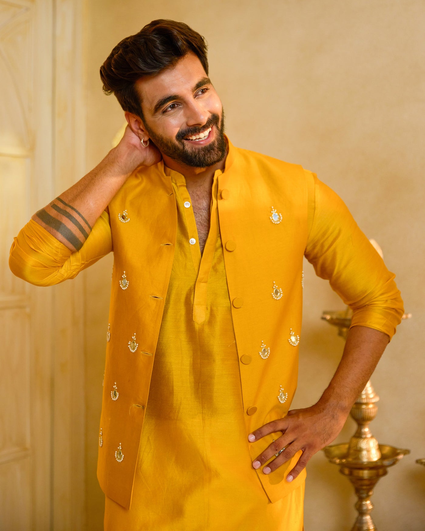 Balraj Yellow Embroidered Chanderi Jacket And Kurta Set