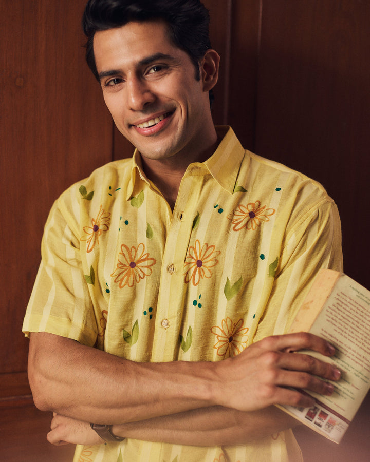 Prashant Yellow Cotton Dobby Handpainted Shirt