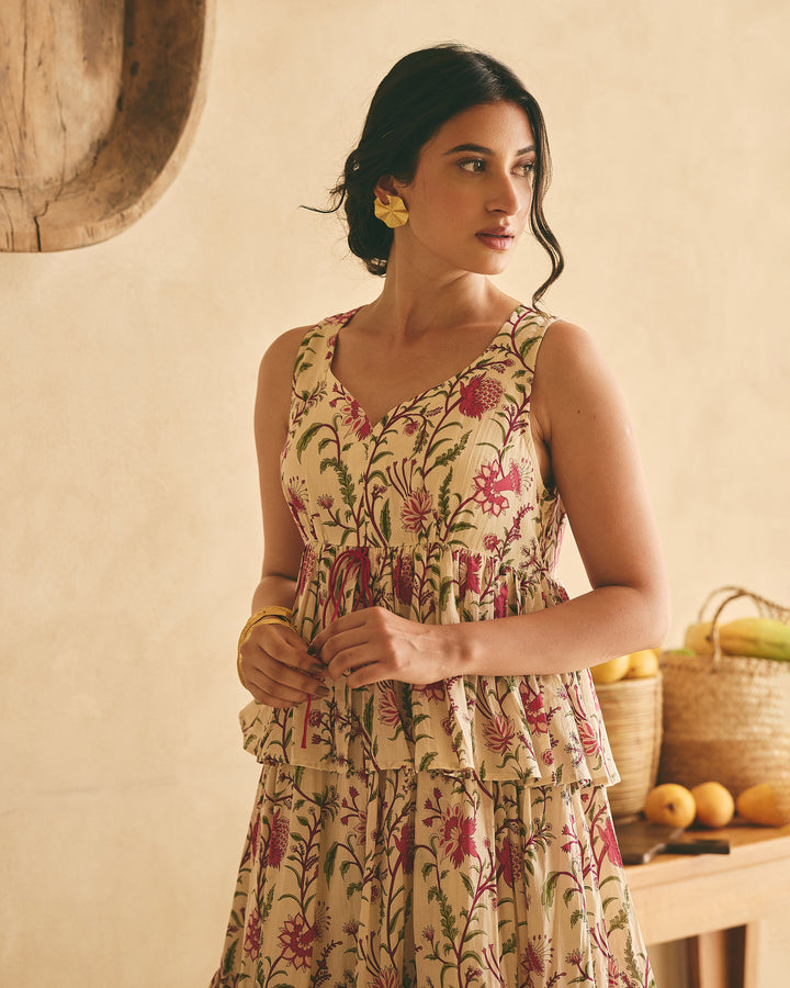 Ramya Beige Cotton Printed Dress