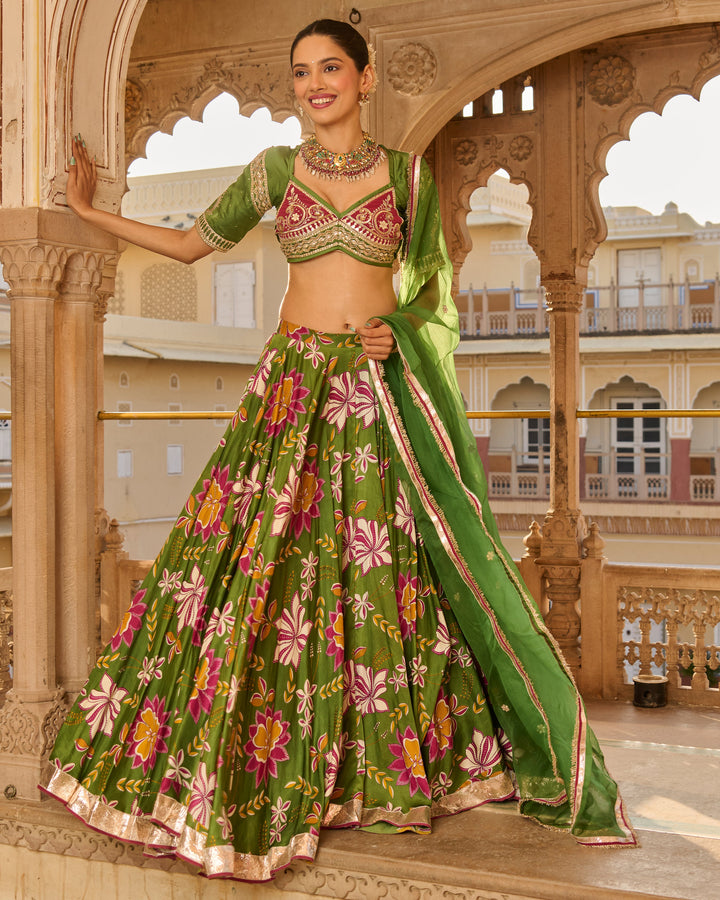 Zara Green Printed Satin Lehenga Set