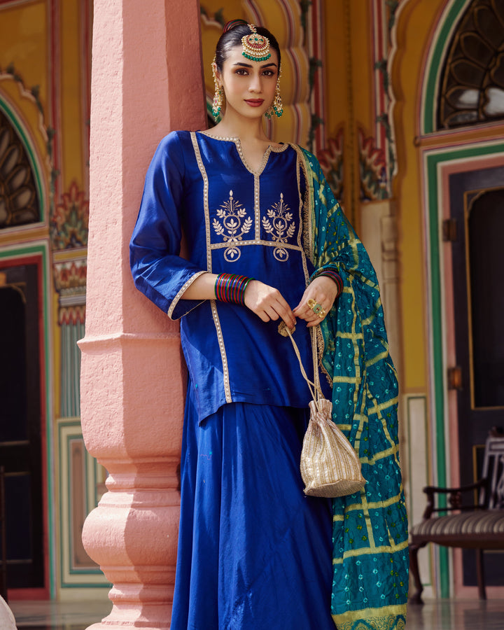 Ishani Blue Embroidered Chanderi Suit Set