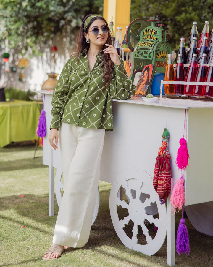 Lama Green Bandhani Cotton Shirt