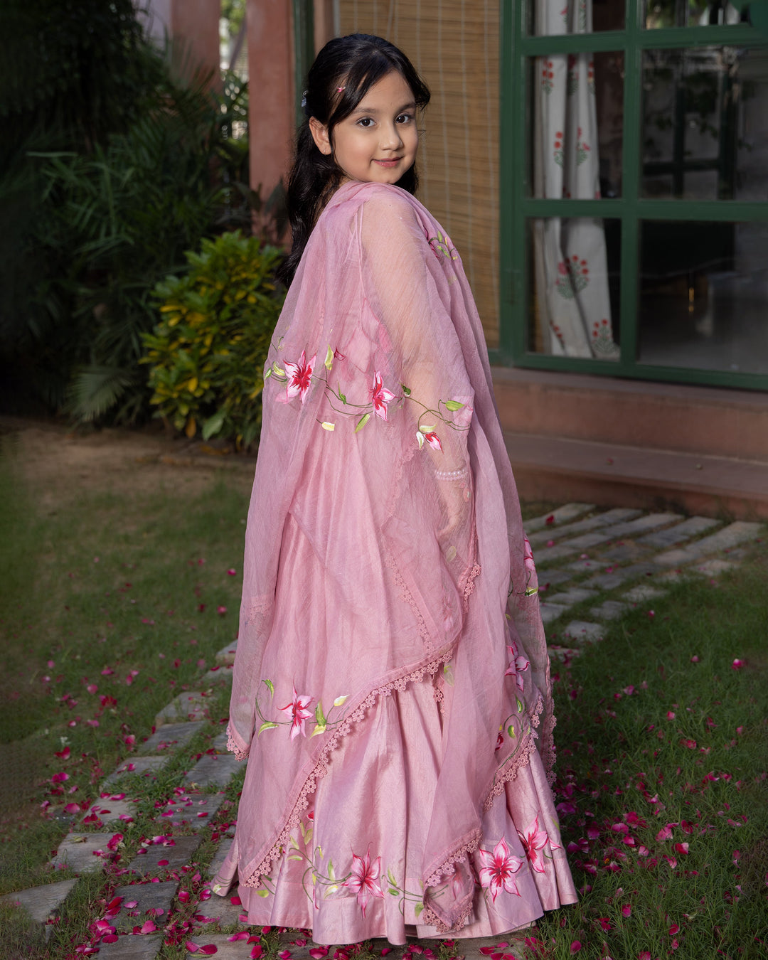 Koko Powder Pink Handpainted Chanderi Lehenga Set