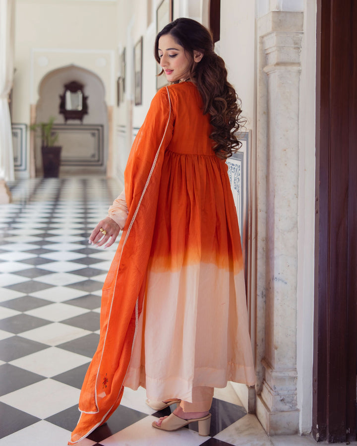 Drape Orange Ombre Embroidered Chanderi Suit Set