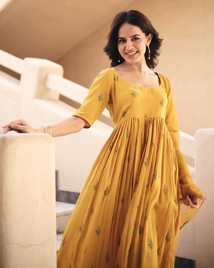 Zina Mustard Cotton Crush Printed Suit Set