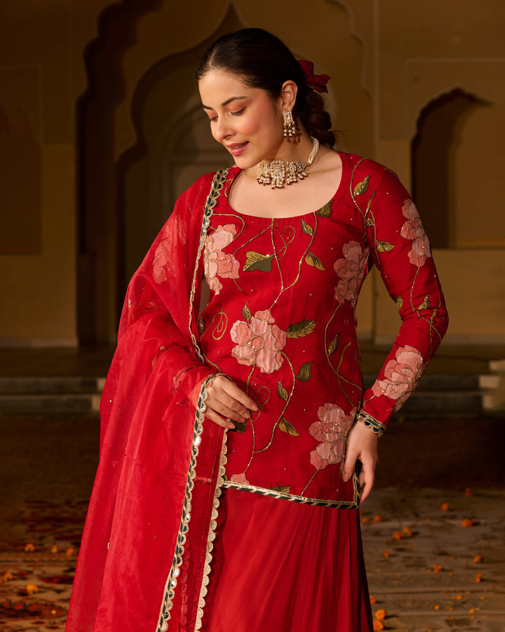 Azmat Maroon Printed Viscose Organza Suit Set