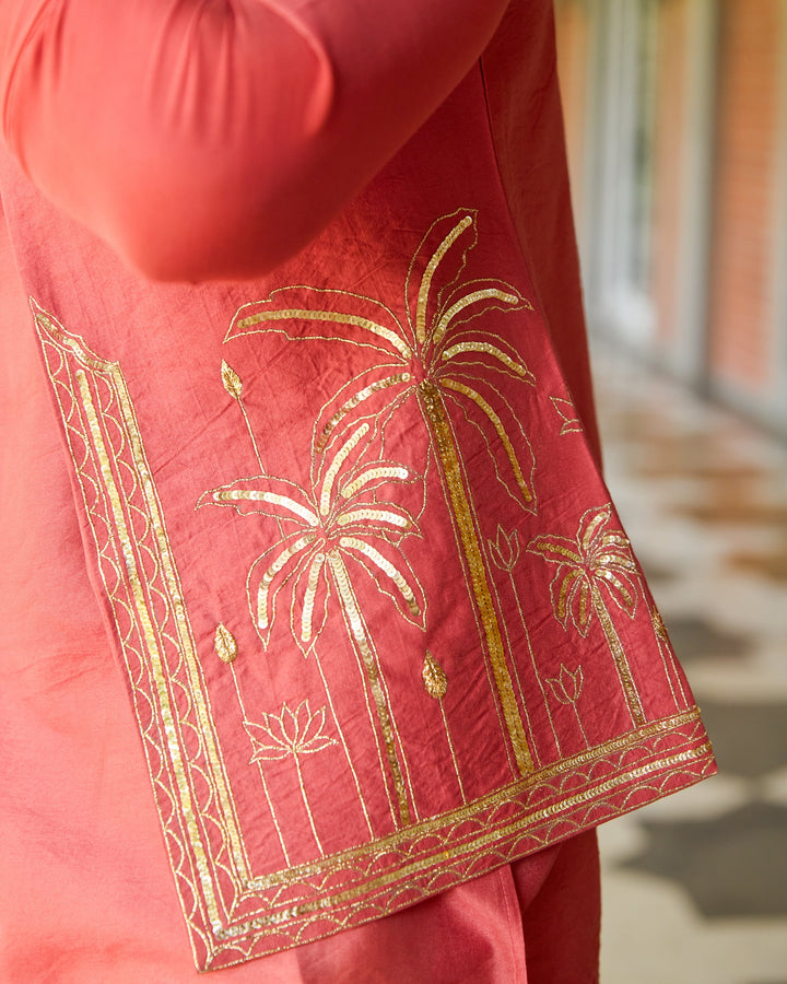 Aavesh Peach Embroidered Chanderi Jacket And Kurta Set