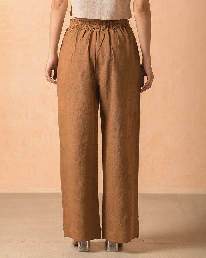 Vesha Brown Cotton Flex Solid Straight Pants