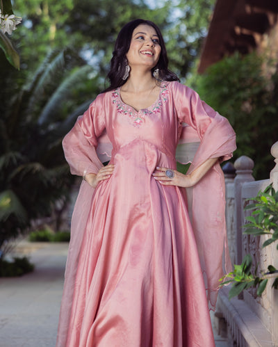 Mallow Mauve Embroidered Chanderi Suit Set