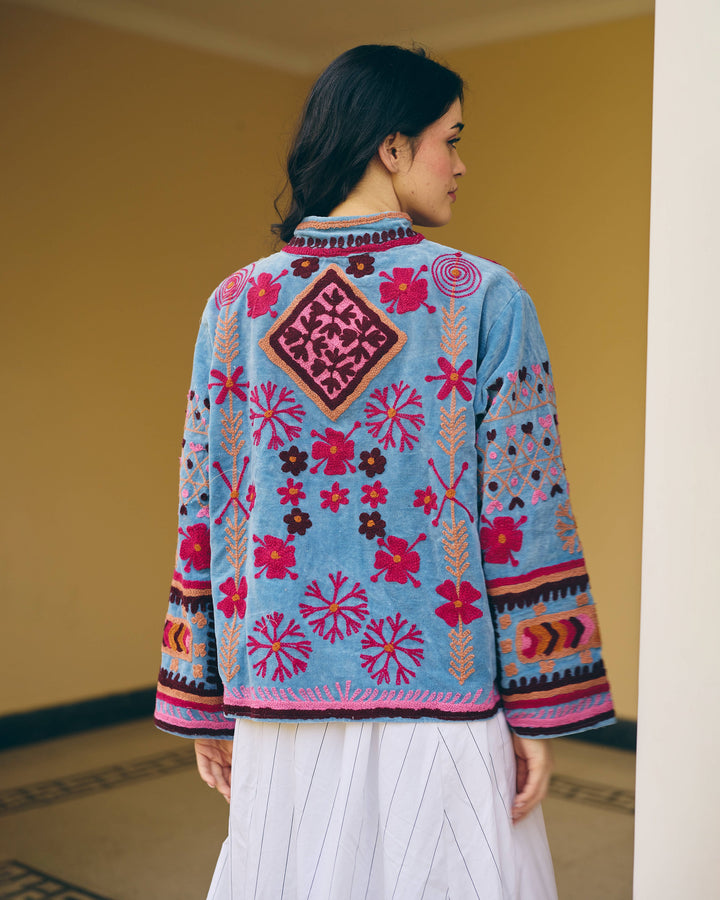 Cobalta Blue Velvet Suzani Jacket
