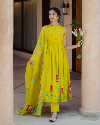 Sorbet Lime Green Handpainted Cotton Suit Set