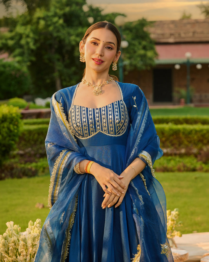 Deepisha Blue Embroidered Chanderi Suit Set