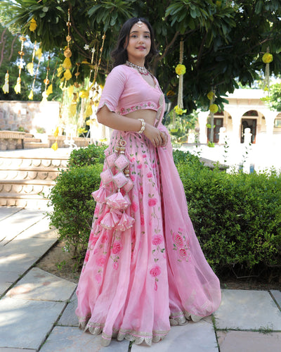 Dewberry Pink Handpainted Chanderi Lehenga Set