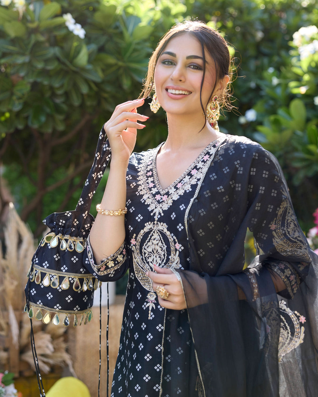 Mantra Black Bandhani Chanderi Suit Set