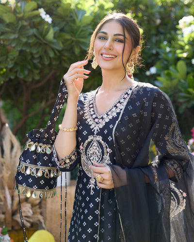 Mantra Black Bandhani Chanderi Suit Set