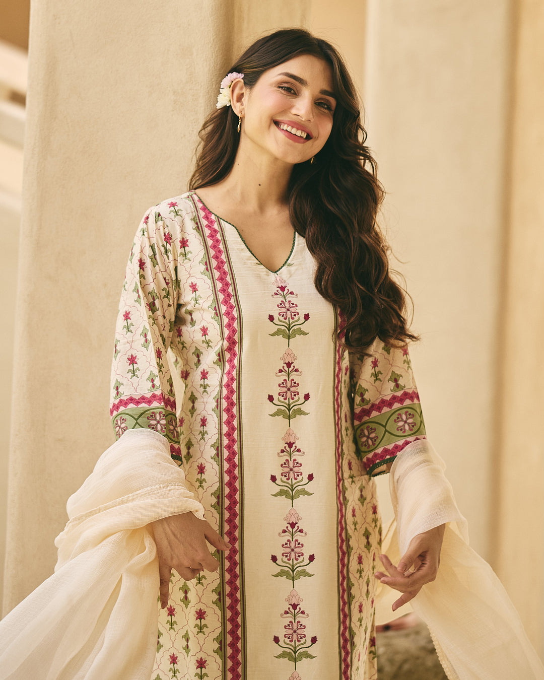 Kaisan Beige Cotton Printed Suit Set