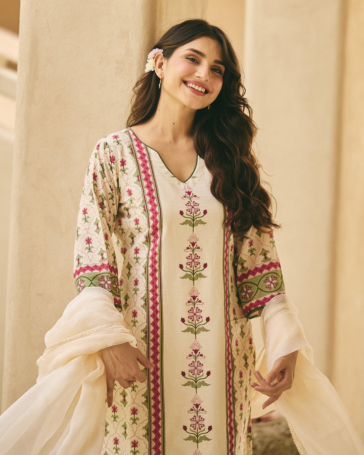 Kaisan Beige Cotton Printed Suit Set