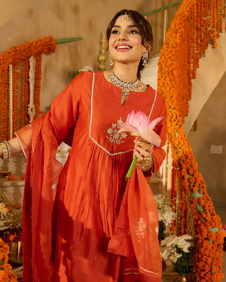 Prakash Rust Orange Solid Chanderi Suit Set