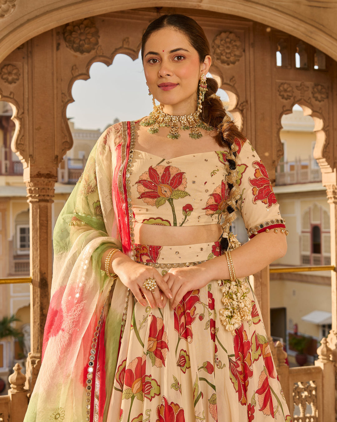 Fiza Cream Printed Viscose Organza Lehenga Set
