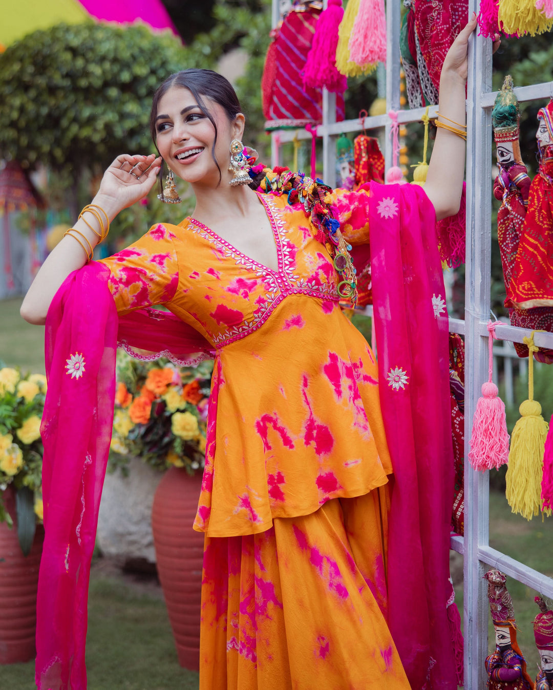 Ritu Orange Pink Tie Dye Muslin Sharara Set