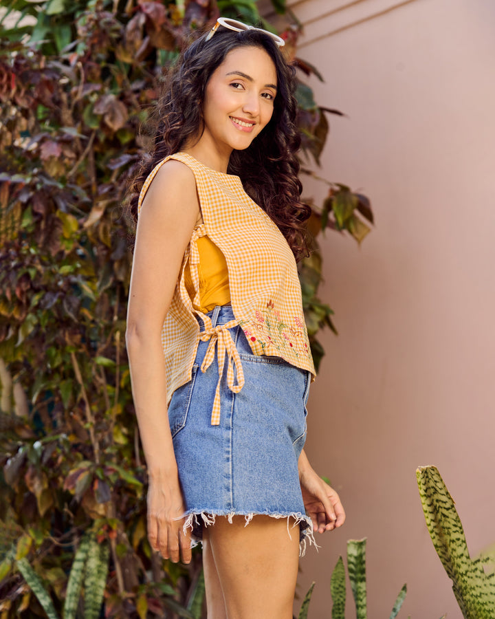 Aine Mustard Embroidered Cotton Checks Top