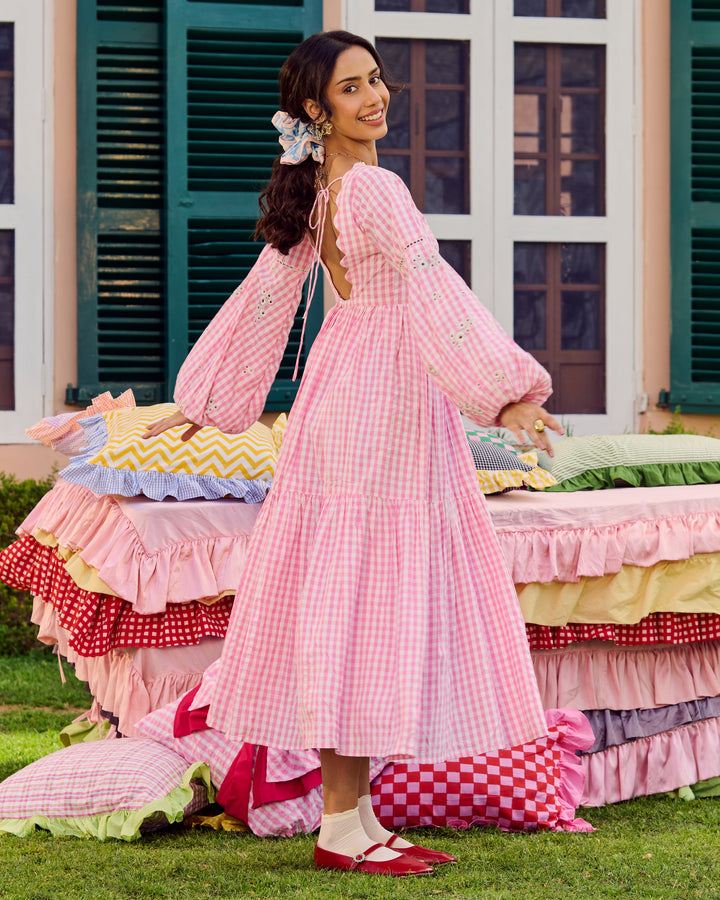 Nusrat Light Pink Embroidered Cotton Checks Dress