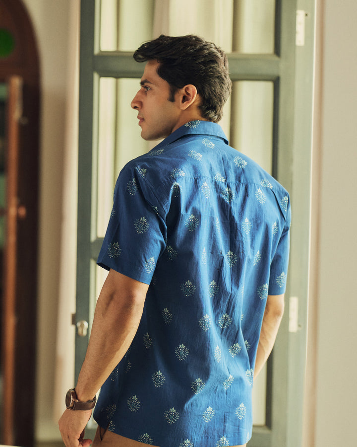 Gulrez Navy Blue Printed Cotton Shirt