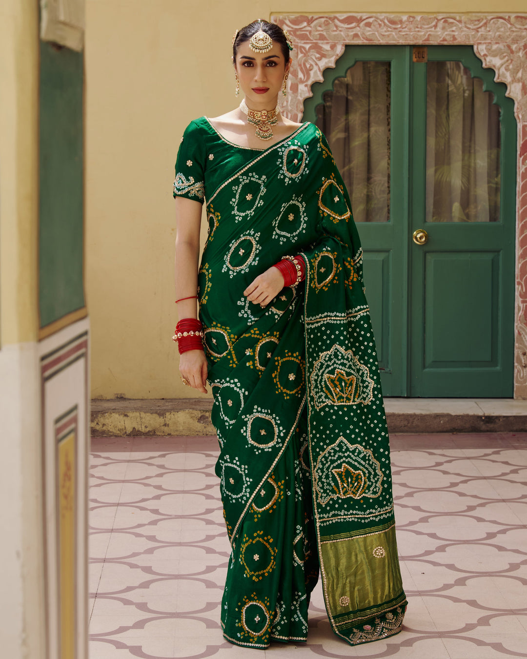 Varsha Green Embroidered Kajol Bandhej Silk Saree