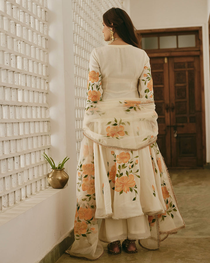 Neyra Ivory Handpainted Viscose Organza Suit Set