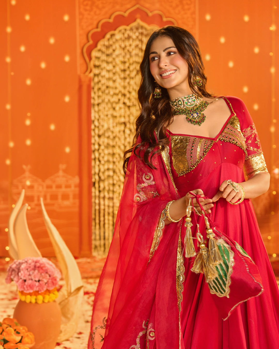 Kamalnayani Pink Embroidered Chanderi Aangi Suit Set