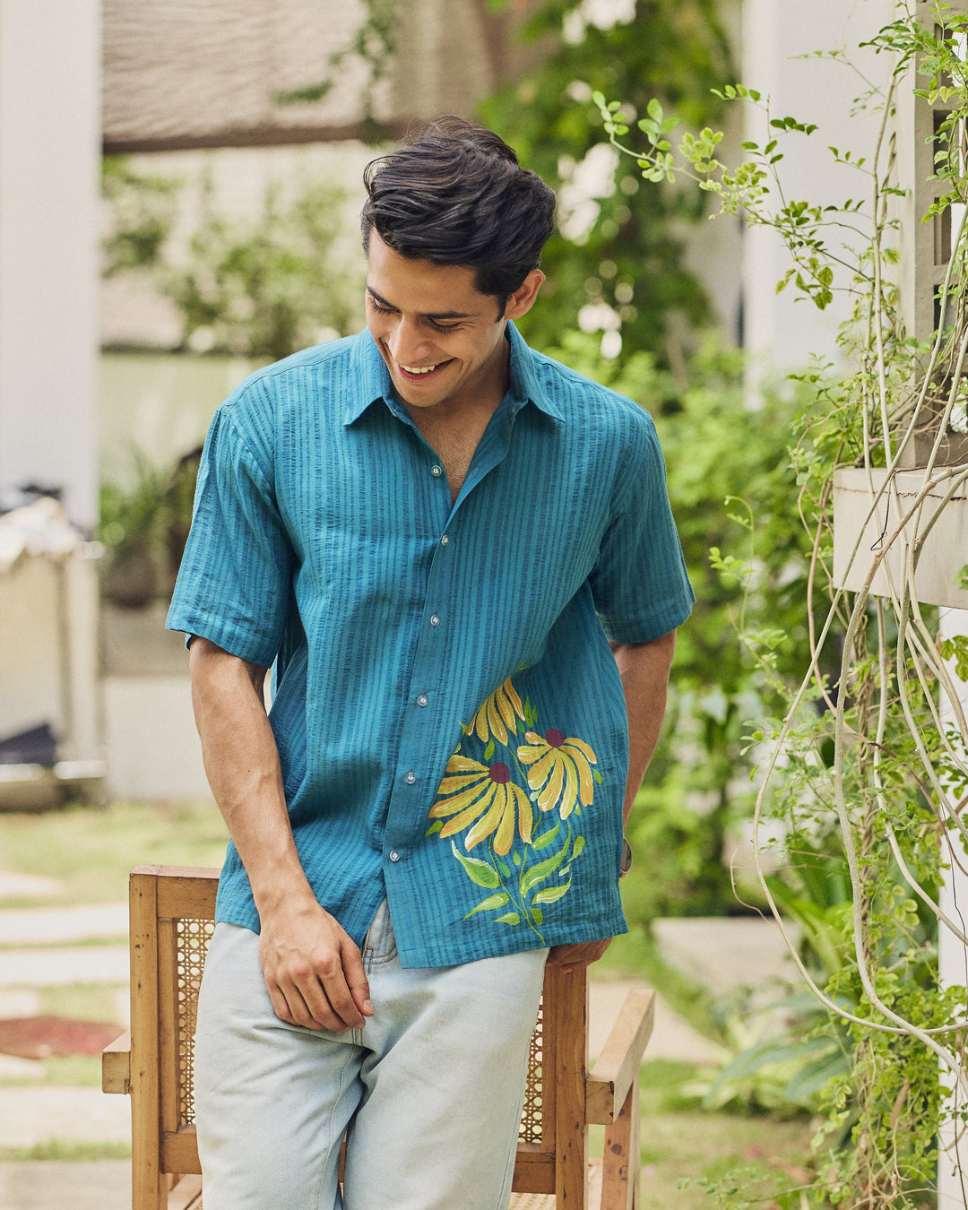 Mohan Teal Cotton Dobby Handpainted Shirt