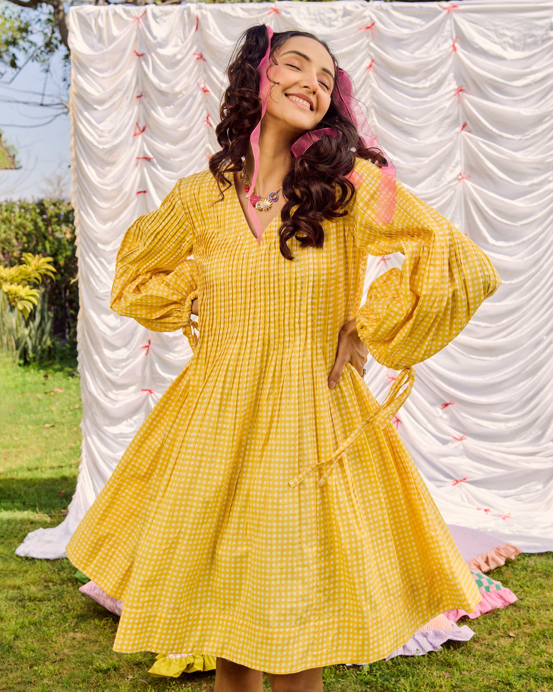 Kajol Yellow Cotton Checks Printed Dress