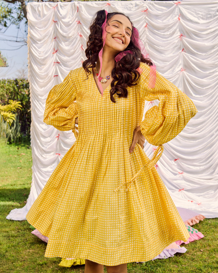 Kajol Yellow Cotton Checks Printed Dress