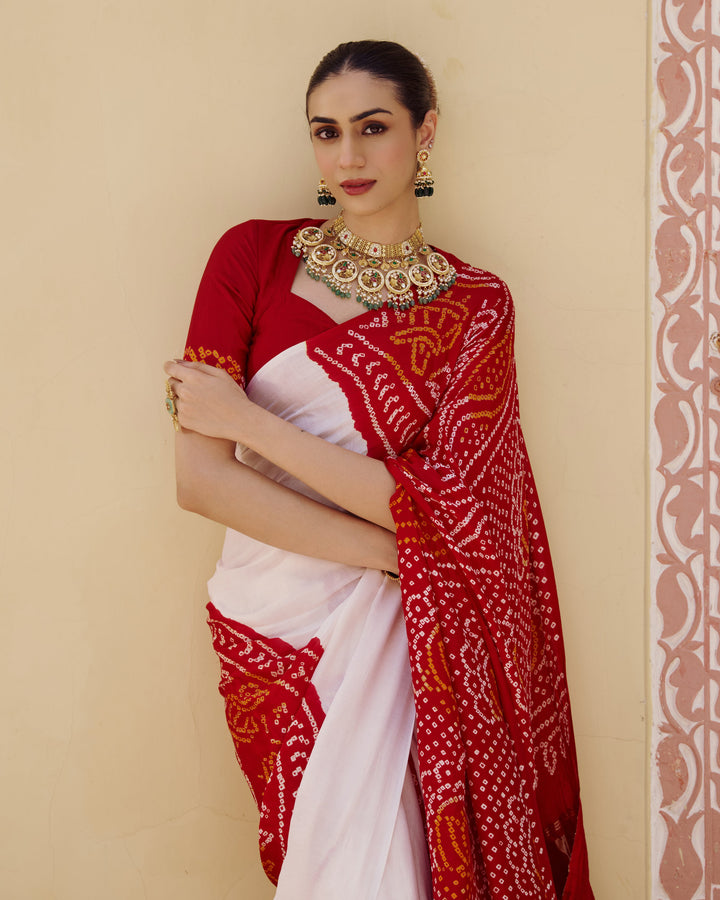 Champa White Kajol Bandhej Silk Saree