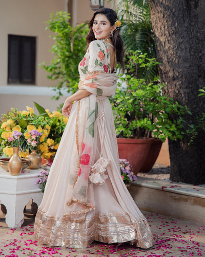 Gulzar Ivory Handpainted Viscose Organza Lehenga Set