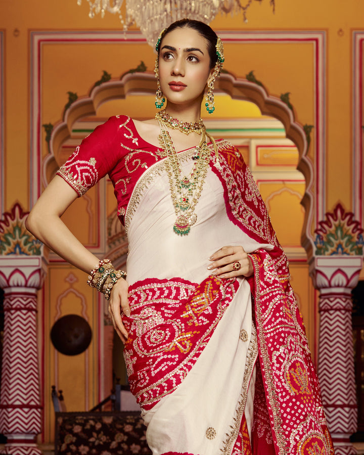 Ghanan White Embroidered Kajol Bandhej Silk Saree