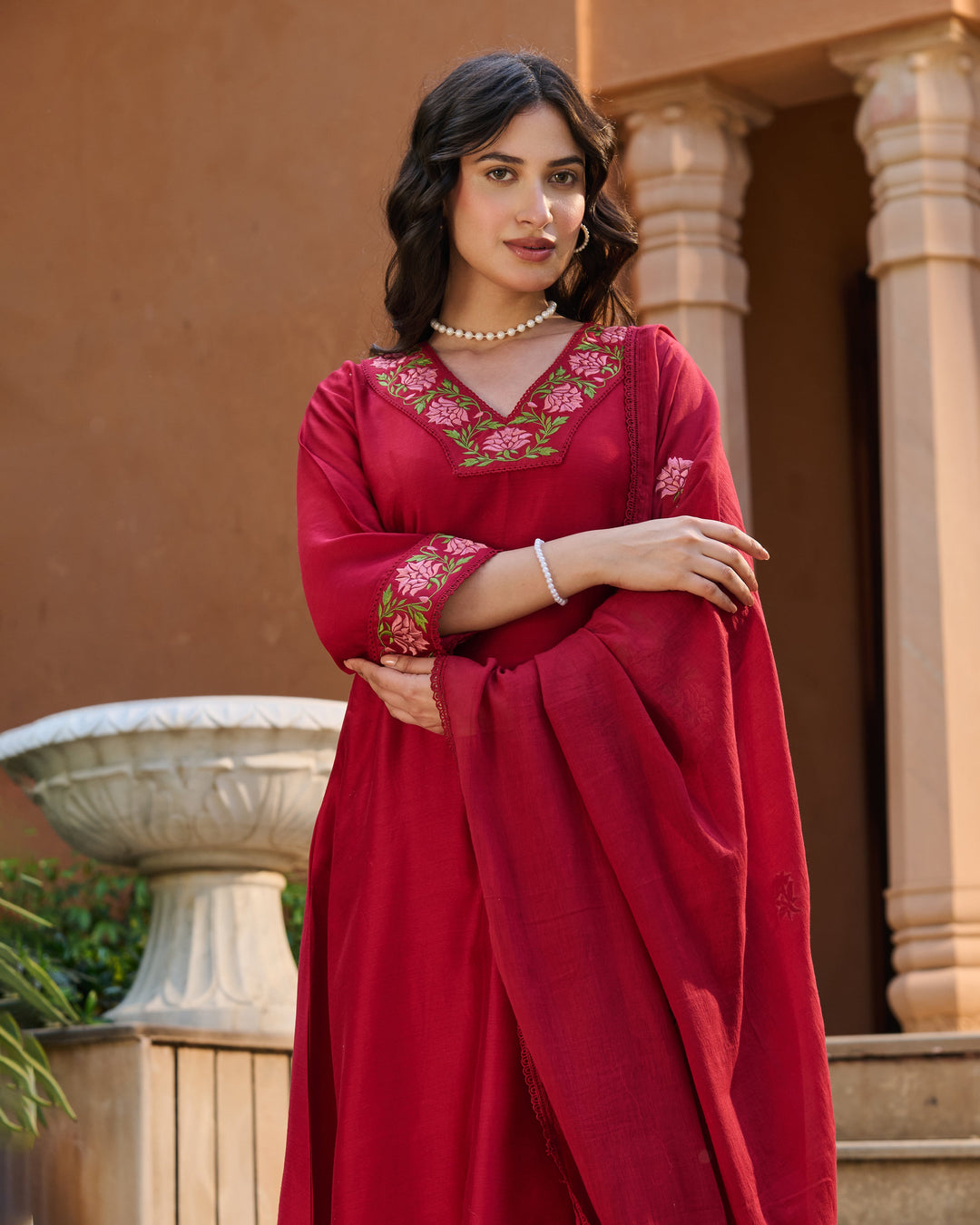 Solar Maroon Embroidered Roman Silk Suit Set