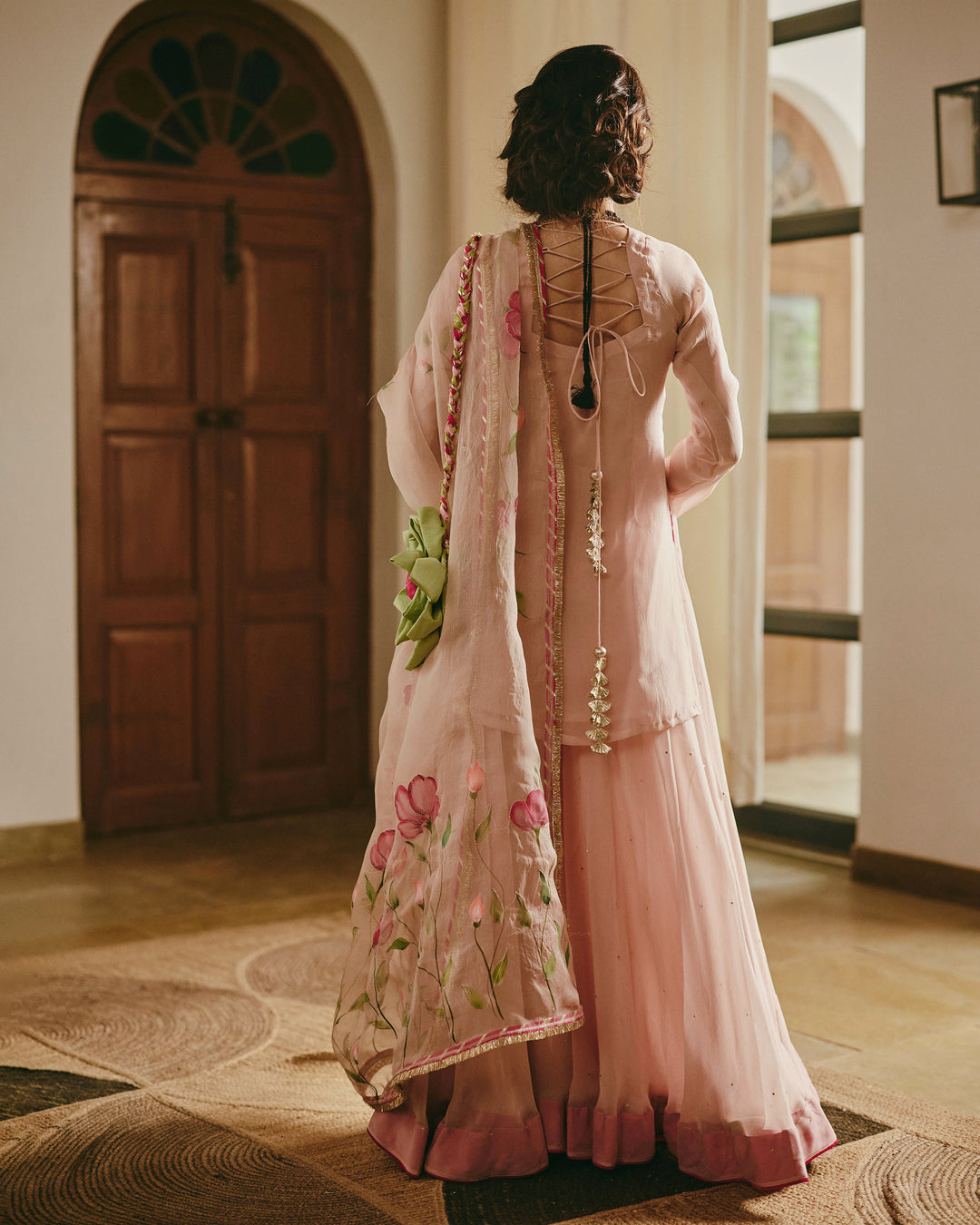 Sarthak Beige Handpainted Viscose Organza Suit Set