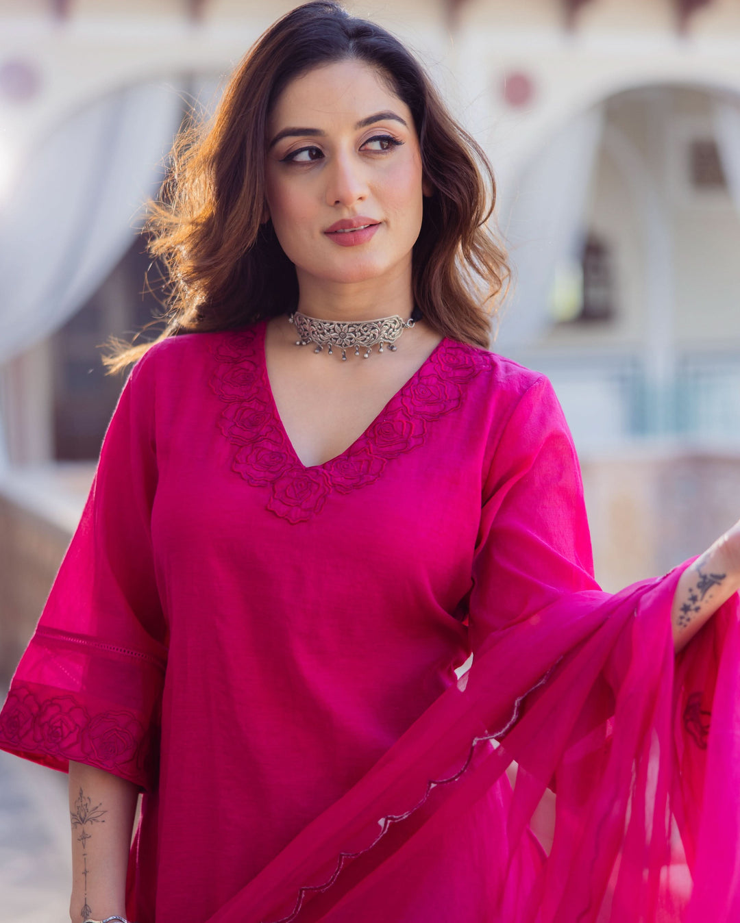 Hanya Magenta Embroidered Chanderi Suit Set