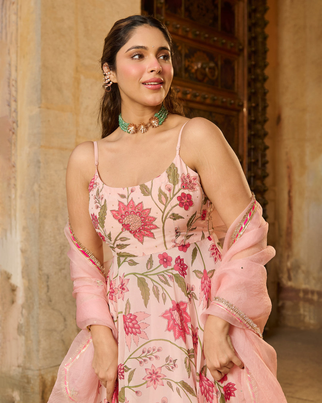 Belle Baby Pink Printed Viscose Organza Suit Set