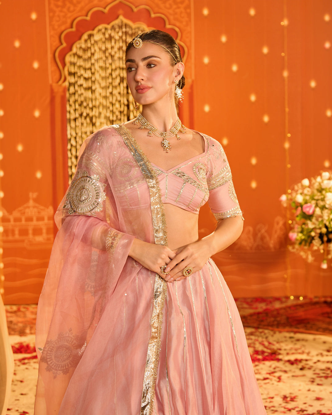 Tejal Baby Pink Embroidered Chanderi Aangi Lehenga Set